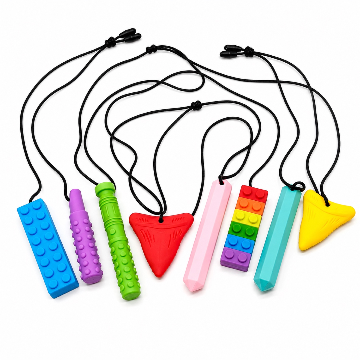Set de collares mordedores sensoriales de silicona en distintas formas y colores