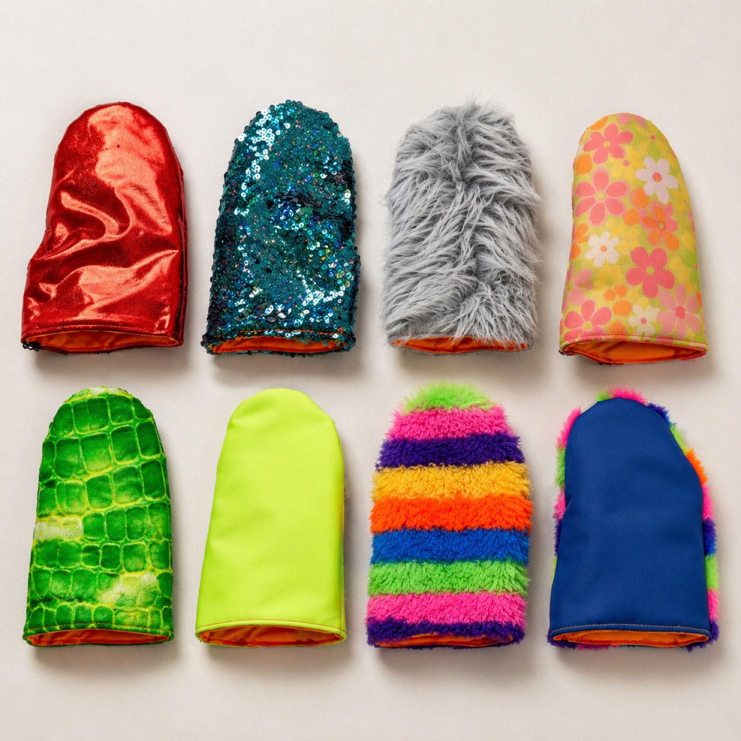 Detalle de los 8 guantes sensoriales: peluche, lentejuelas, satín, floral, escamas y neón