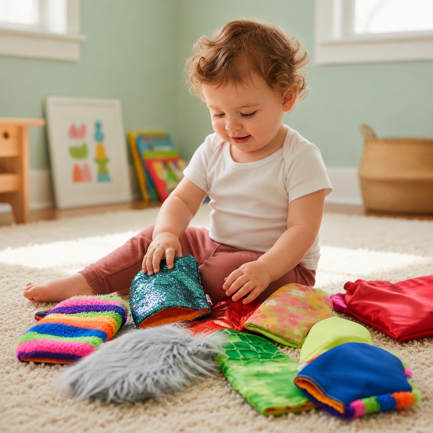 Bebé jugando con guantes sensoriales de estimulación temprana sobre una alfombra